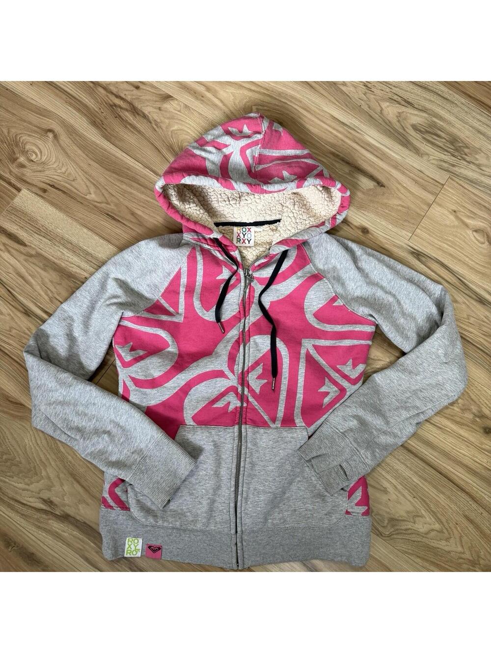 Roxy Y2K Full Zip Hoodie Gray Pink Oversized Logo Sherpa Hood Women's M